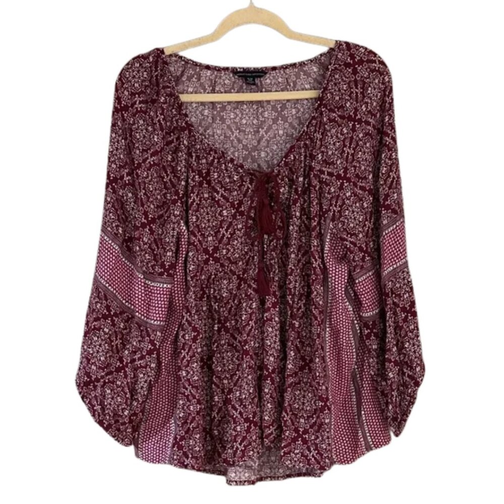American Eagle Outfitters Burgundy Floral Peasant Boho Tie-Front Blouse